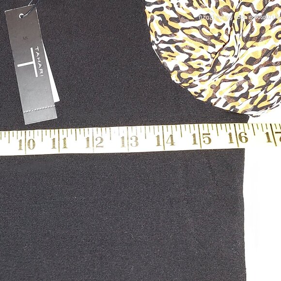 TAHARI KNITTED TOP ANIMAL PRINT SHEER PUFF SLEEVES SOLID BLACK BODY SIZE XS - Picture 3 of 8